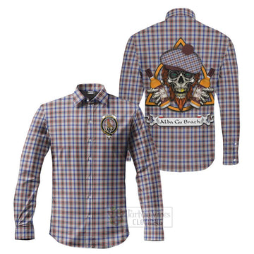 Boswell Tartan Long Sleeve Button Shirt with Family Crest and Bearded Skull Holding Bottles of Whiskey Men's Shirt S - Tartan Vibes Clothing