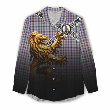 Boswell Crest Tartan Women's Casual Shirt with Golden Lion Emblem Celtic Style Female - Tartan Vibes Clothing