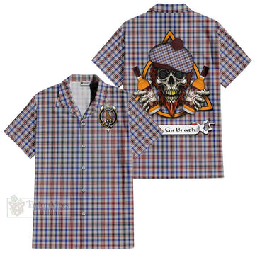 Boswell Tartan Hawaiian Shirt with Family Crest and Bearded Skull Holding Bottles of Whiskey Kid - Tartan Vibes Clothing