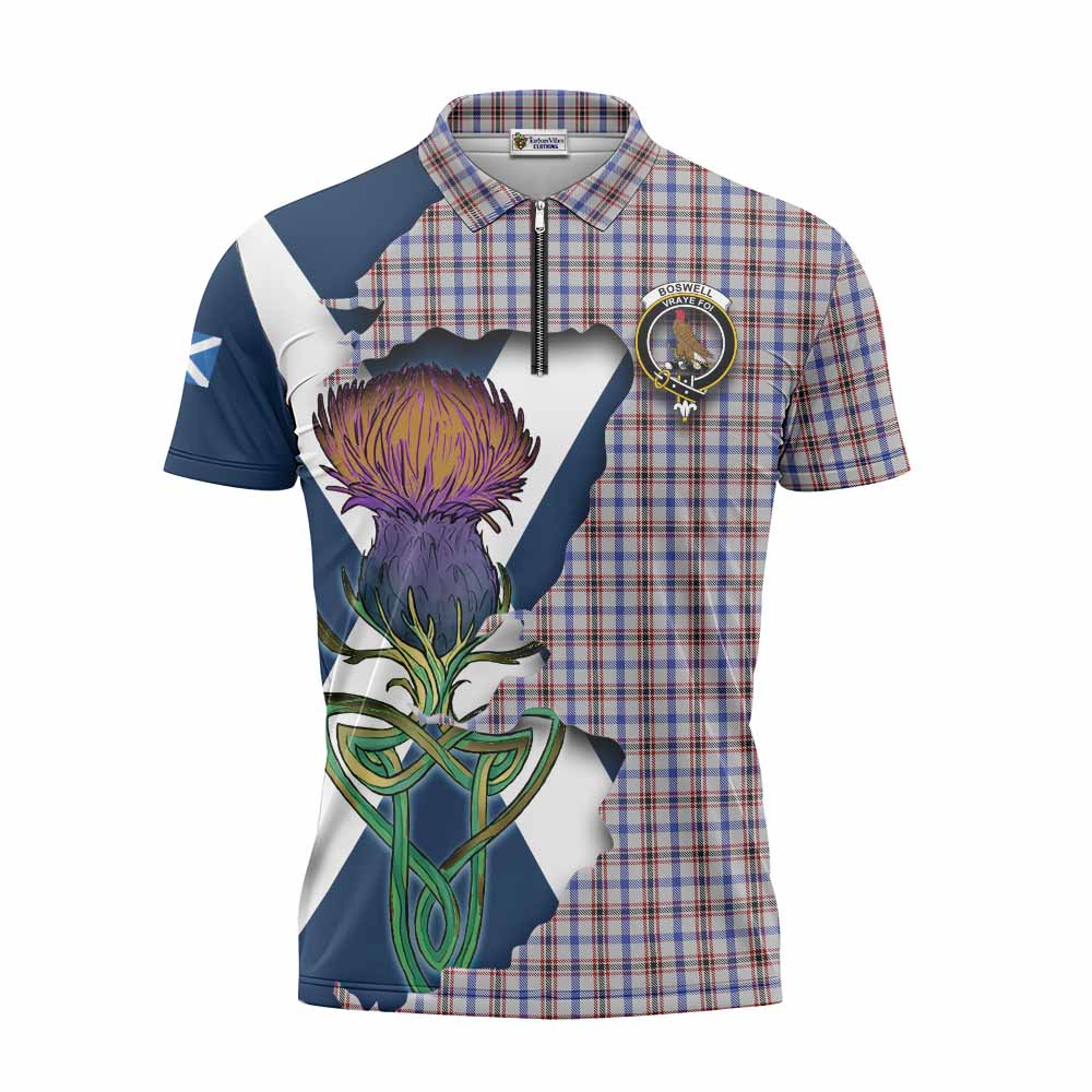 Tartan Vibes Clothing Boswell Tartan Family Crest Zipper Polo Shirt Scottish Thistle Celtic Inspired