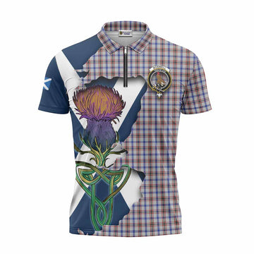 Tartan Vibes Clothing Boswell Tartan Family Crest Zipper Polo Shirt Scottish Thistle Celtic Inspired