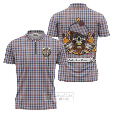 Boswell Tartan Zipper Polo Shirt with Family Crest and Bearded Skull Holding Bottles of Whiskey Unisex - Tartan Vibes Clothing