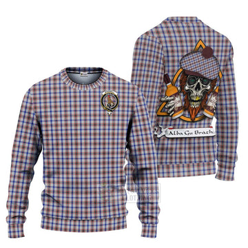 Boswell Tartan Ugly Sweater with Family Crest and Bearded Skull Holding Bottles of Whiskey Unisex - Tartan Vibes Clothing