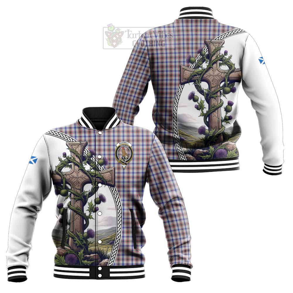 Tartan Vibes Clothing Boswell Tartan Baseball Jacket with Family Crest and St. Andrew's Cross Accented by Thistle Vines