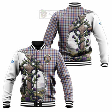 Tartan Vibes Clothing Boswell Tartan Baseball Jacket with Family Crest and St. Andrew's Cross Accented by Thistle Vines