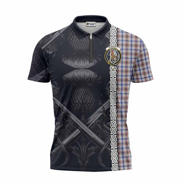 Boswell Tartan Zipper Polo Shirt with Family Crest Cross Sword Thistle Celtic Vibes Unisex - Tartan Vibes Clothing