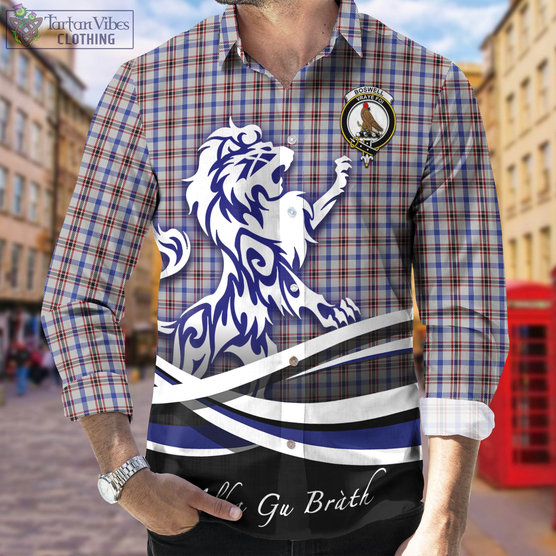 Boswell Tartan Long Sleeve Button Up Shirt with Alba Gu Brath Regal Lion Emblem Men's Shirt - Tartan Vibes Clothing