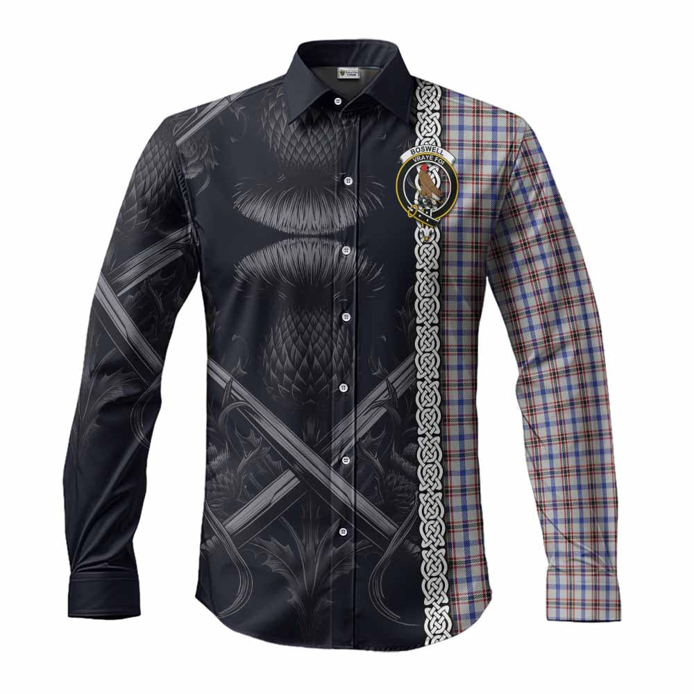 Tartan Vibes Clothing Boswell Tartan Long Sleeve Button Shirt with Family Crest Cross Sword Thistle Celtic Vibes