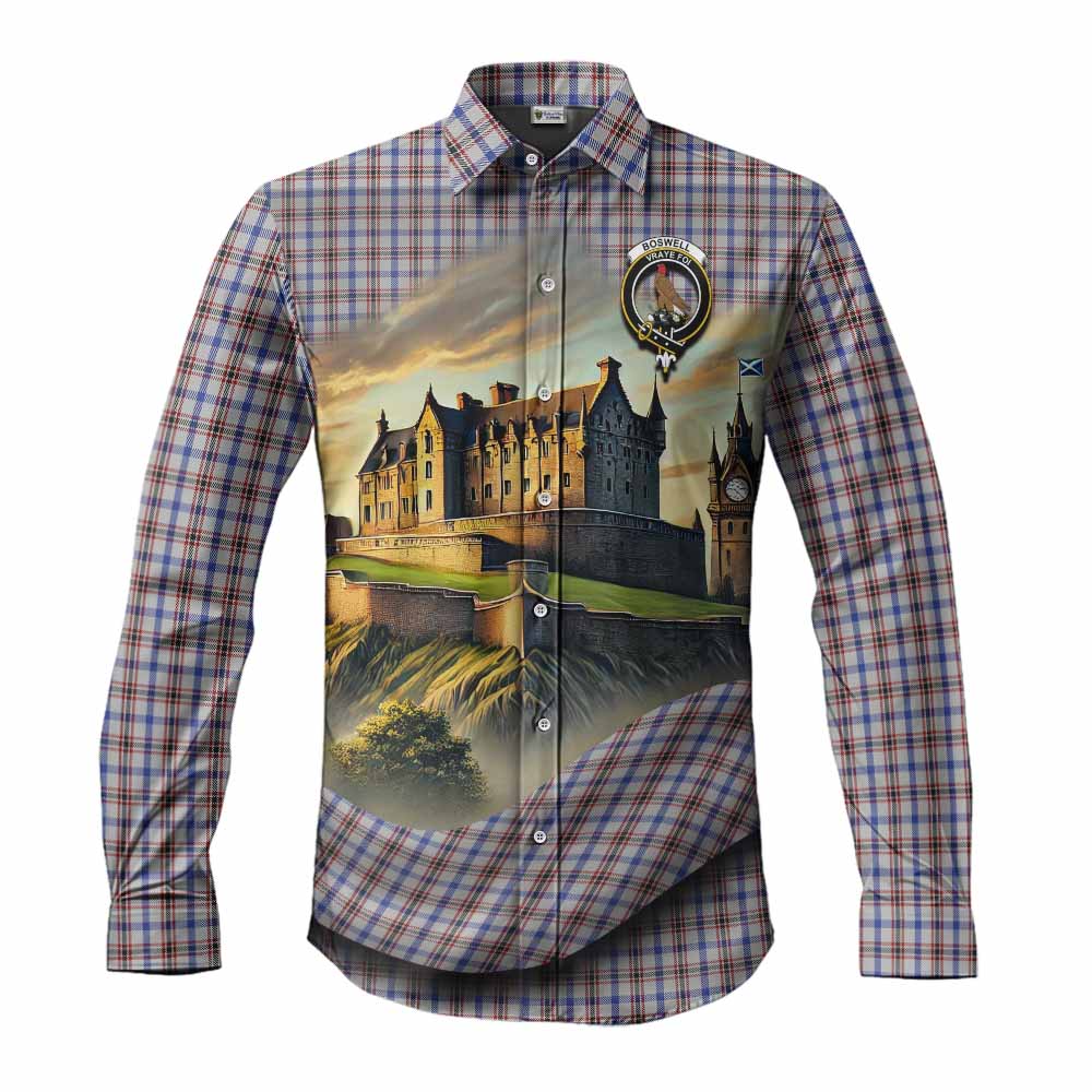 Tartan Vibes Clothing Boswell Tartan Family Crest Long Sleeve Button Shirt with Scottish Ancient Castle Style