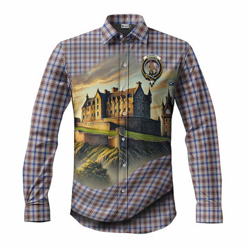 Tartan Vibes Clothing Boswell Tartan Family Crest Long Sleeve Button Shirt with Scottish Ancient Castle Style