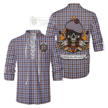 Boswell Tartan Ghillie Kilt Shirt with Family Crest and Bearded Skull Holding Bottles of Whiskey Men - Tartan Vibes Clothing