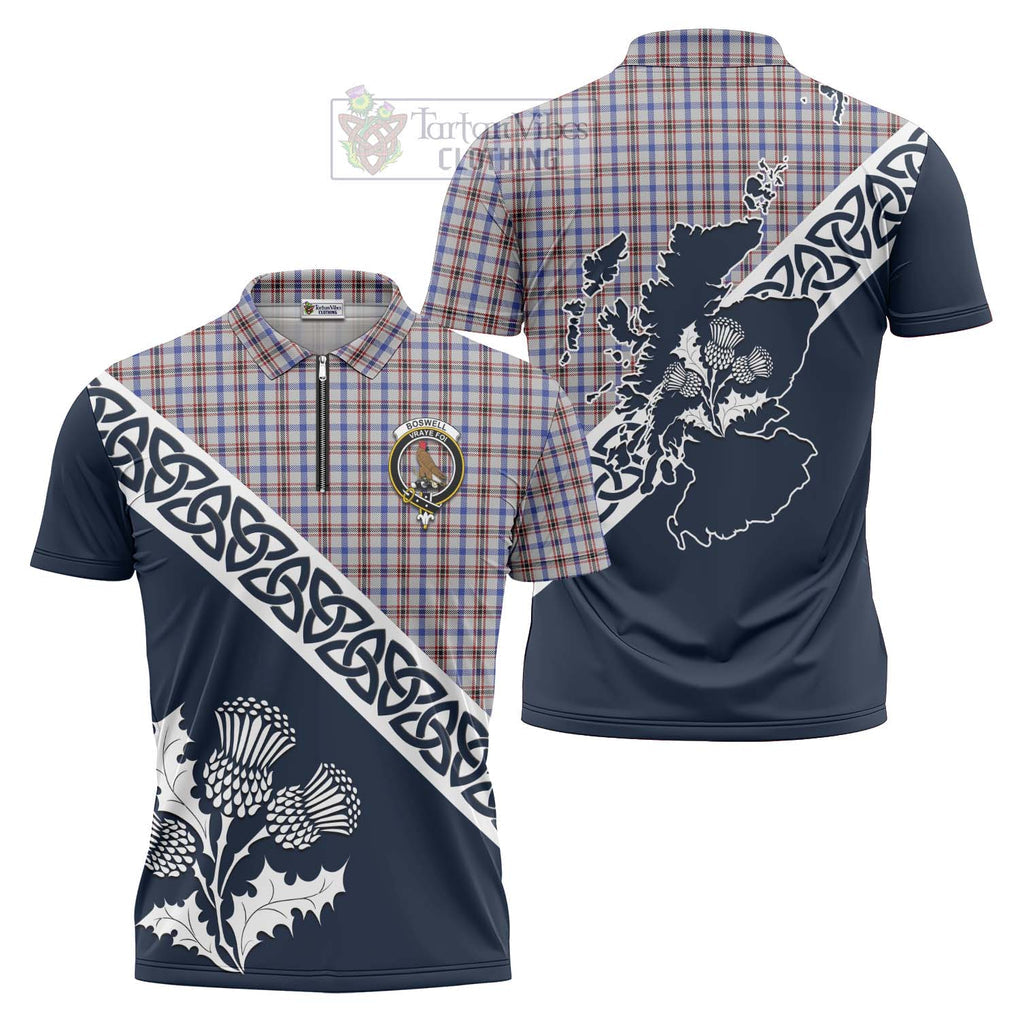 Boswell Tartan Zipper Polo Shirt Featuring Thistle and Scotland Map Unisex - Tartanvibesclothing Store