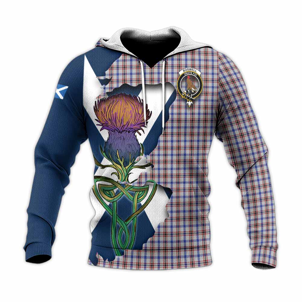 Tartan Vibes Clothing Boswell Tartan Family Crest Knitted Hoodie Scottish Thistle Celtic Inspired