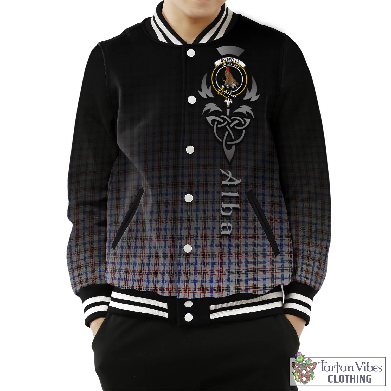 Tartan Vibes Clothing Boswell Tartan Baseball Jacket Featuring Alba Gu Brath Family Crest Celtic Inspired
