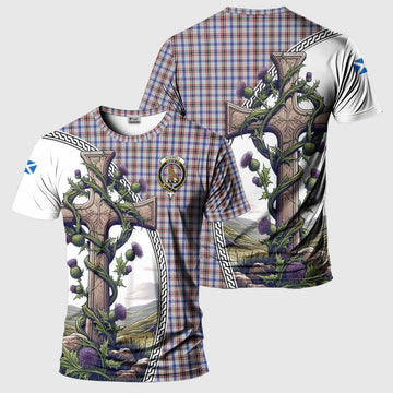 Tartan Vibes Clothing Boswell Agnew Tartan T-Shirt with Family Crest and St. Andrew's Cross Accented by Thistle Vines