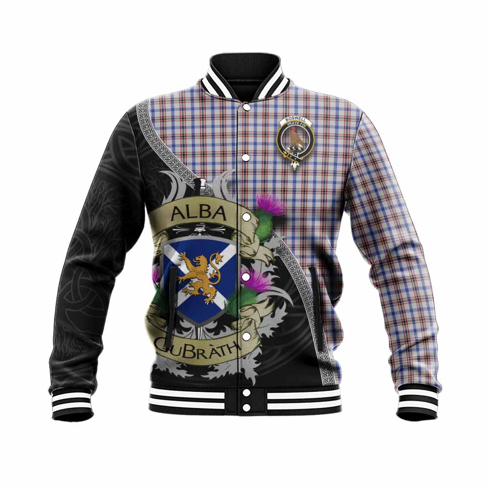 Boswell Tartan Family Crest Baseball Jacket Lion Rampant Royal Thistle Shield Celtic Inspired Unisex - Tartan Vibes Clothing