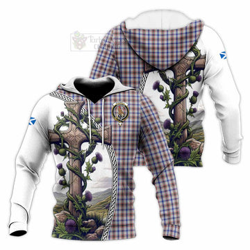 Tartan Vibes Clothing Boswell Tartan Knitted Hoodie with Family Crest and St. Andrew's Cross Accented by Thistle Vines