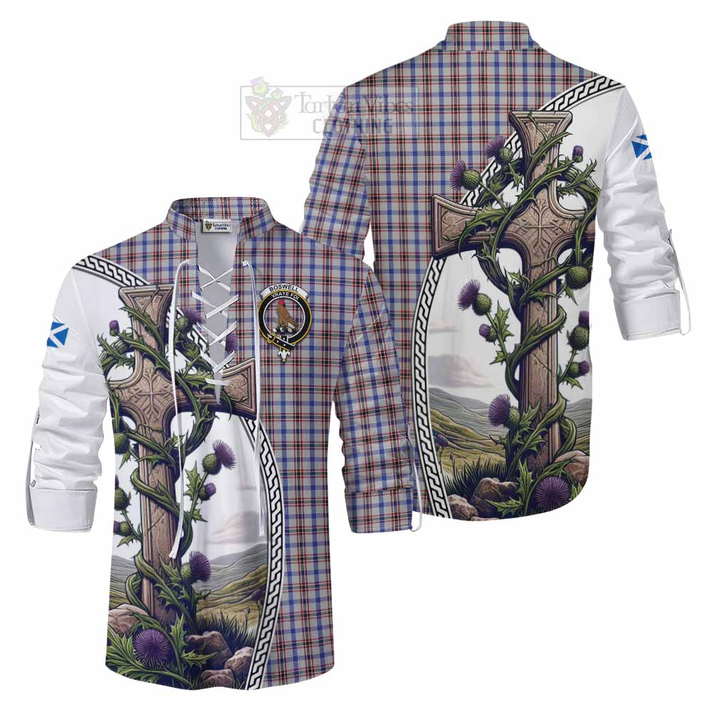 Tartan Vibes Clothing Boswell Tartan Ghillie Kilt Shirt with Family Crest and St. Andrew's Cross Accented by Thistle Vines