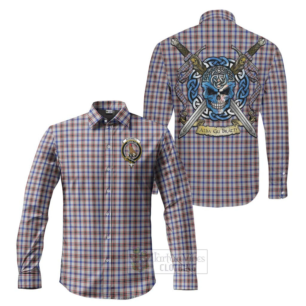 Boswell Tartan Long Sleeve Button Shirt with Family Crest Celtic Skull Style Men's Shirt S - Tartan Vibes Clothing