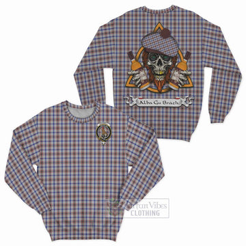 Boswell Tartan Sweatshirt with Family Crest and Bearded Skull Holding Bottles of Whiskey Unisex - Tartan Vibes Clothing