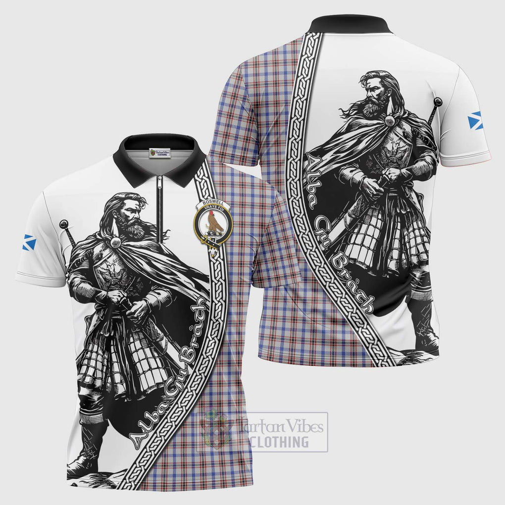 Boswell Tartan Clan Crest Zipper Polo Shirt with Highlander Warrior Celtic Style Unisex - Tartan Vibes Clothing
