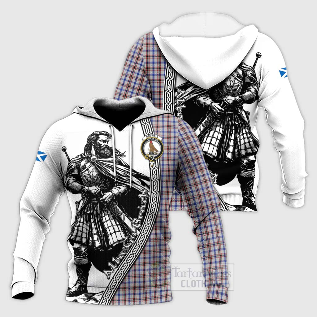 Boswell Tartan Clan Crest Knitted Hoodie with Highlander Warrior Celtic Style Unisex Knitted Pullover Hoodie - Tartan Vibes Clothing