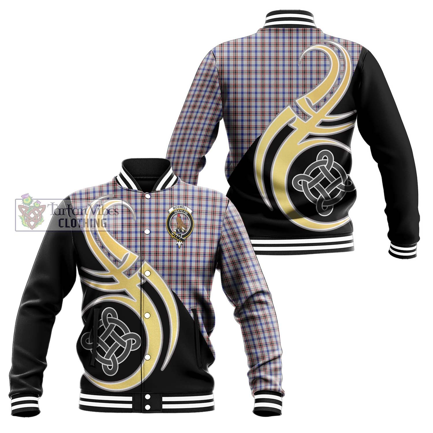 Boswell Tartan Baseball Jacket with Family Crest and Celtic Symbol Style Unisex - Tartan Vibes Clothing
