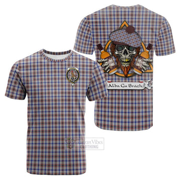 Tartan Vibes Clothing Boswell Tartan Cotton T-shirt with Family Crest and Bearded Skull Holding Bottles of Whiskey