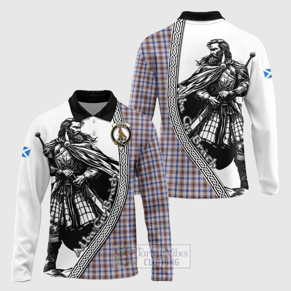 Boswell Tartan Clan Crest Long Sleeve Polo Shirt with Highlander Warrior Celtic Style Unisex - Tartan Vibes Clothing