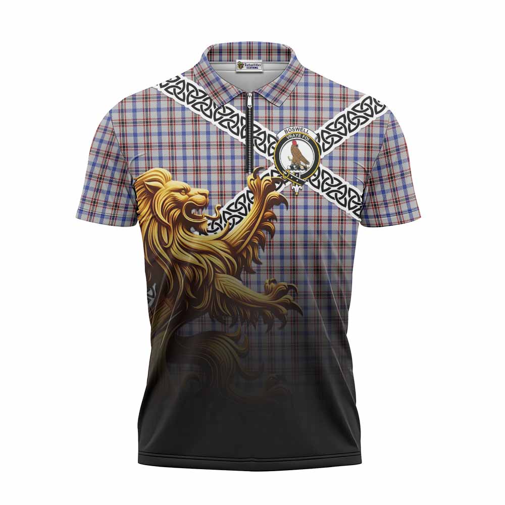 Boswell Crest Tartan Zipper Polo Shirt with Golden Lion Emblem Celtic Style Unisex - Tartan Vibes Clothing