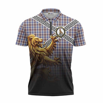 Boswell Crest Tartan Zipper Polo Shirt with Golden Lion Emblem Celtic Style Unisex - Tartan Vibes Clothing