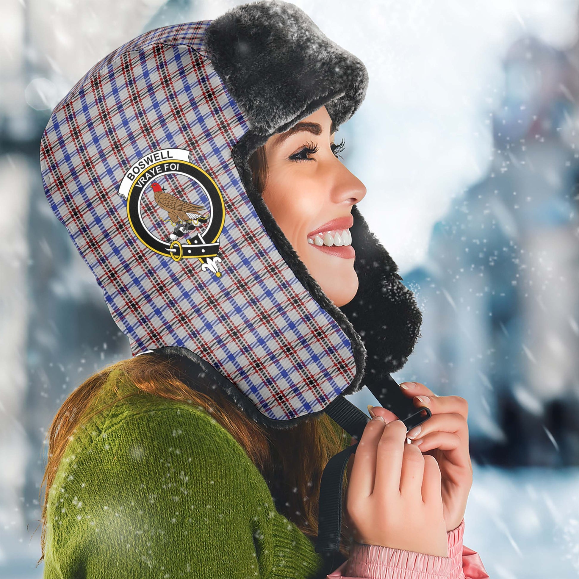 Boswell Tartan Winter Trapper Hat with Family Crest Winter Trapper Hat Universal Fit Circumference 22.8in (58cm) - Tartan Vibes Clothing