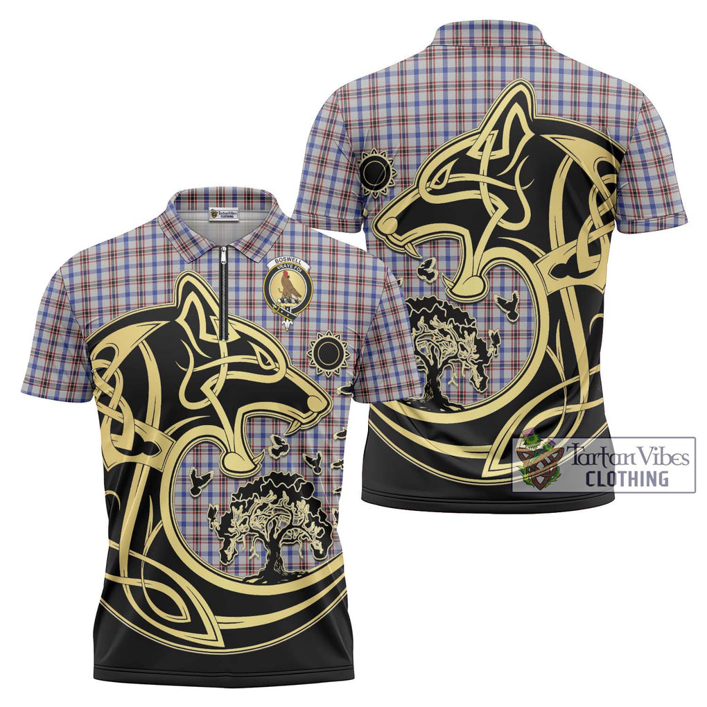Boswell Tartan Zipper Polo Shirt with Family Crest Celtic Wolf Style Unisex - Tartan Vibes Clothing
