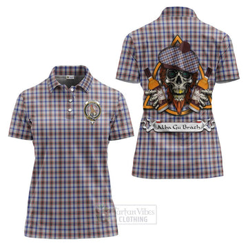 Boswell Tartan Women's Polo Shirt with Family Crest and Bearded Skull Holding Bottles of Whiskey Women - Tartan Vibes Clothing