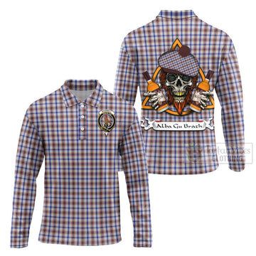 Boswell Tartan Long Sleeve Polo Shirt with Family Crest and Bearded Skull Holding Bottles of Whiskey Unisex - Tartan Vibes Clothing