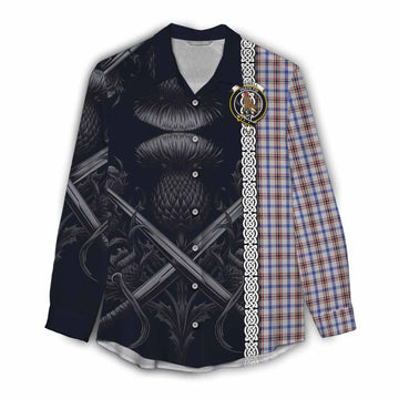 Boswell Tartan Women's Casual Shirt with Family Crest Cross Sword Thistle Celtic Vibes Female - Tartan Vibes Clothing