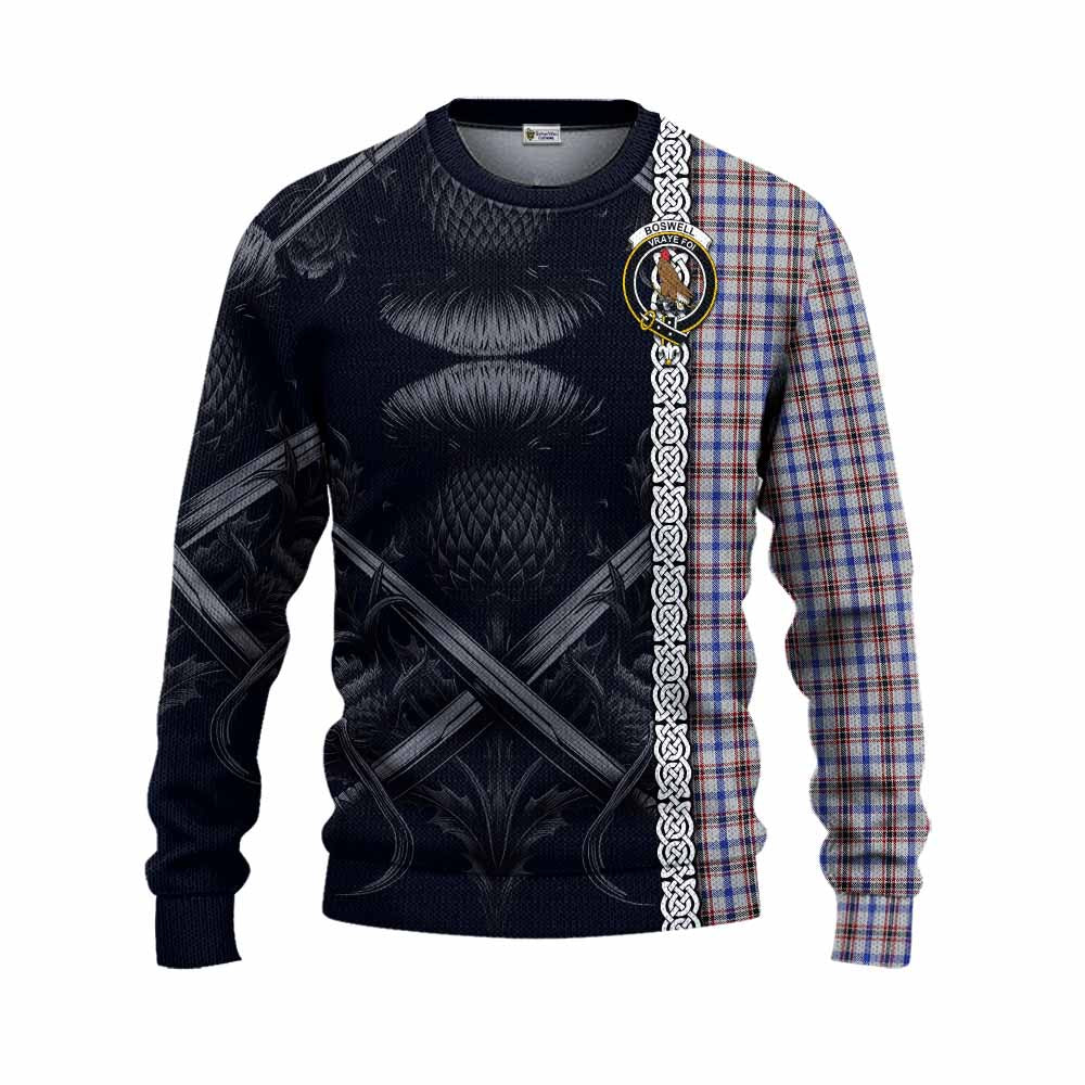 Boswell Tartan Knitted Sweater with Family Crest Cross Sword Thistle Celtic Vibes Unisex - Tartan Vibes Clothing
