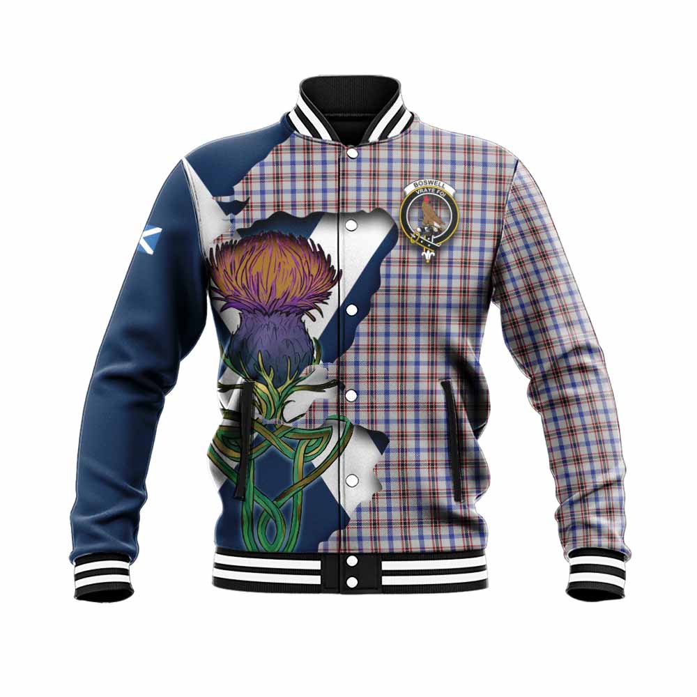 Tartan Vibes Clothing Boswell Tartan Family Crest Baseball Jacket Scottish Thistle Celtic Inspired