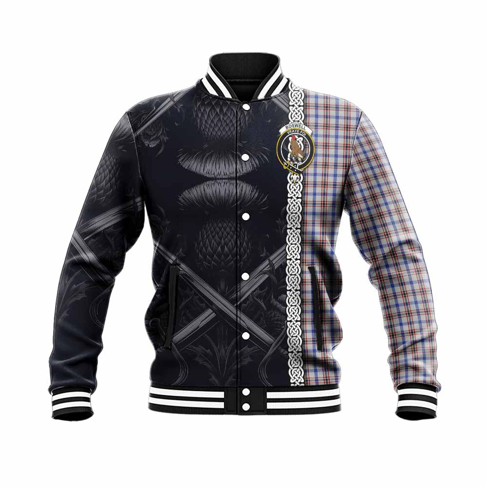Boswell Tartan Baseball Jacket with Family Crest Cross Sword Thistle Celtic Vibes Unisex - Tartan Vibes Clothing