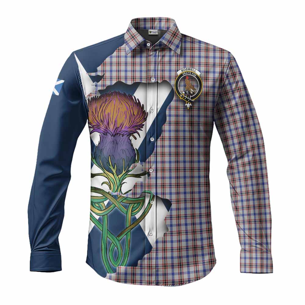 Tartan Vibes Clothing Boswell Tartan Family Crest Long Sleeve Button Shirt Scottish Thistle Celtic Inspired