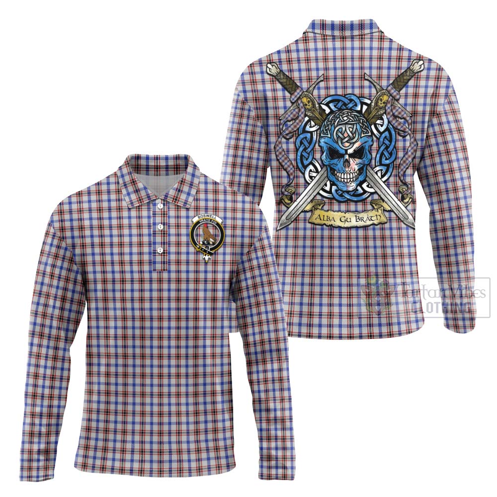 Boswell Tartan Long Sleeve Polo Shirt with Family Crest Celtic Skull Style Unisex - Tartan Vibes Clothing