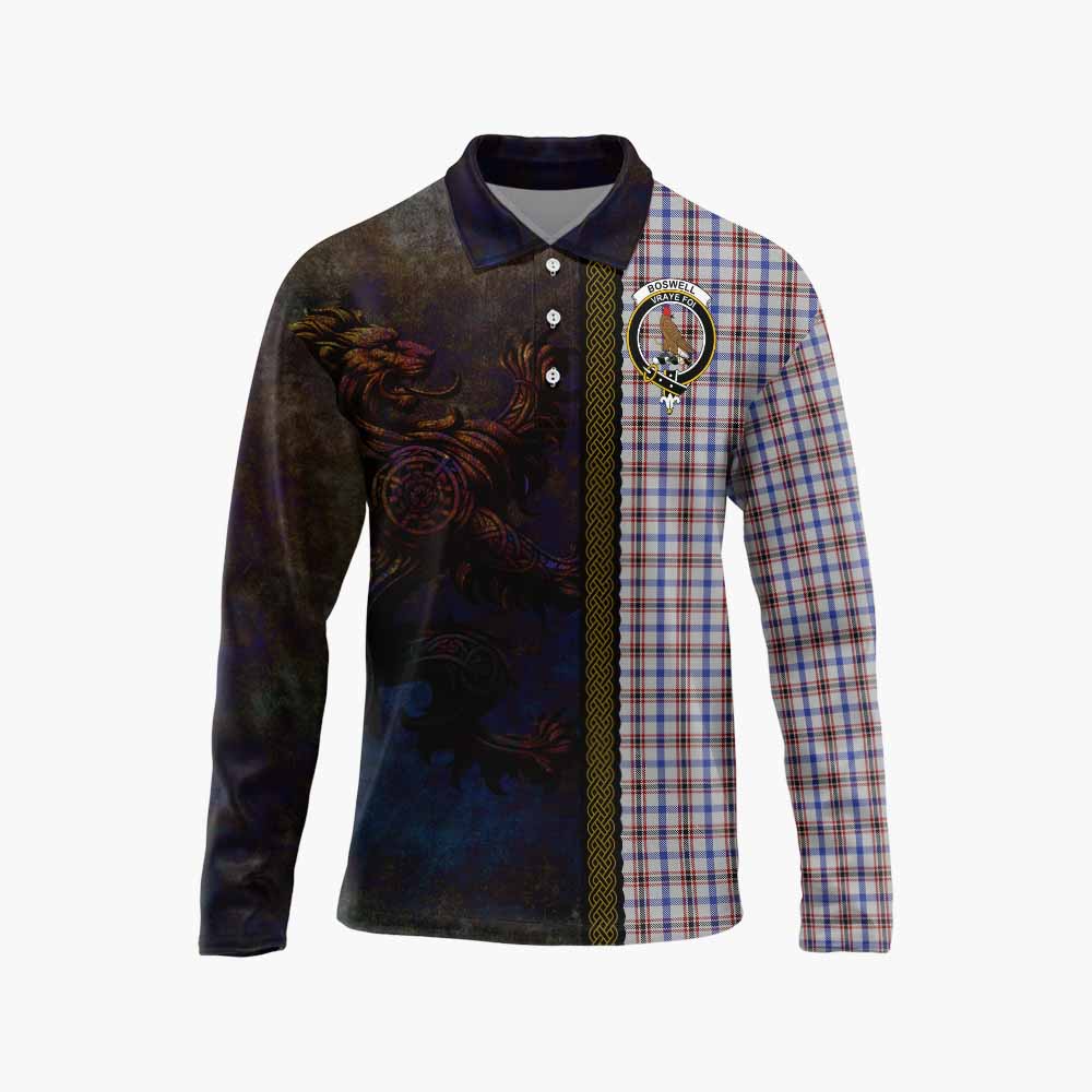 Tartan Vibes Clothing Boswell Tartan Family Crest Long Sleeve Polo Shirt Alba Gu Brath Be Brave Lion Ancient Style