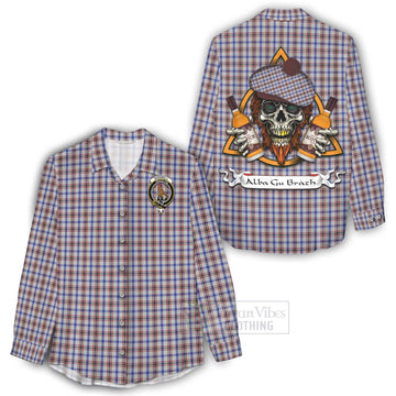 Boswell Tartan Women's Casual Shirt with Family Crest and Bearded Skull Holding Bottles of Whiskey - Tartan Vibes Clothing