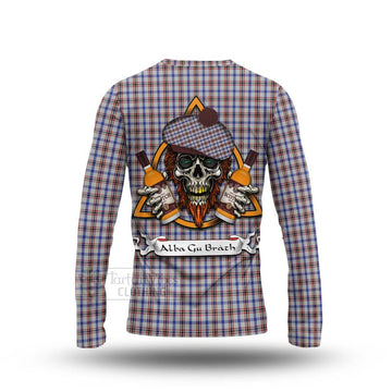 Boswell Tartan Long Sleeve T-Shirt with Family Crest and Bearded Skull Holding Bottles of Whiskey - Tartan Vibes Clothing