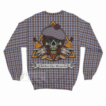 Boswell Tartan Sweatshirt with Family Crest and Bearded Skull Holding Bottles of Whiskey - Tartan Vibes Clothing