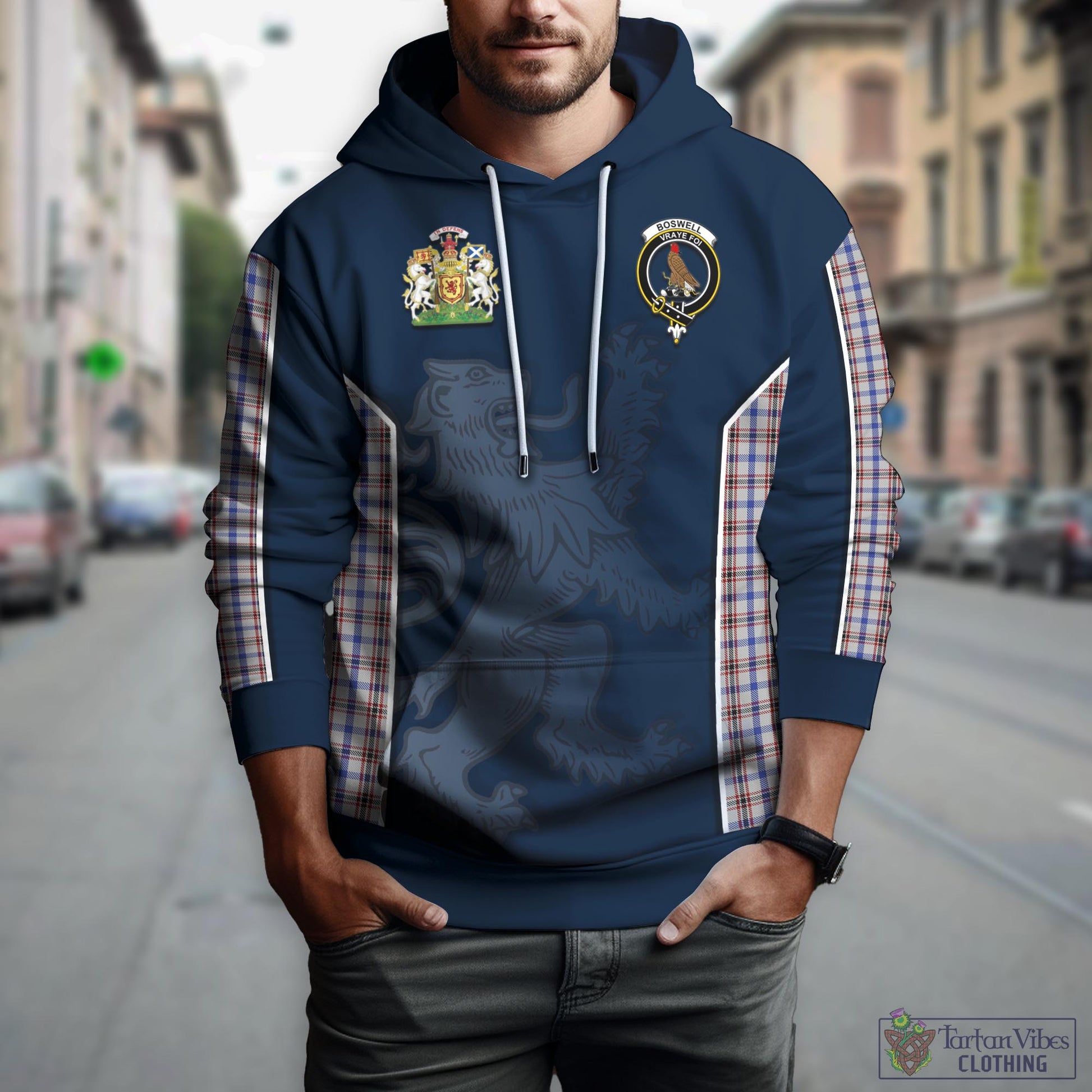 Tartan Vibes Clothing Boswell Tartan Hoodie with Family Crest and Lion Rampant Vibes Sport Style