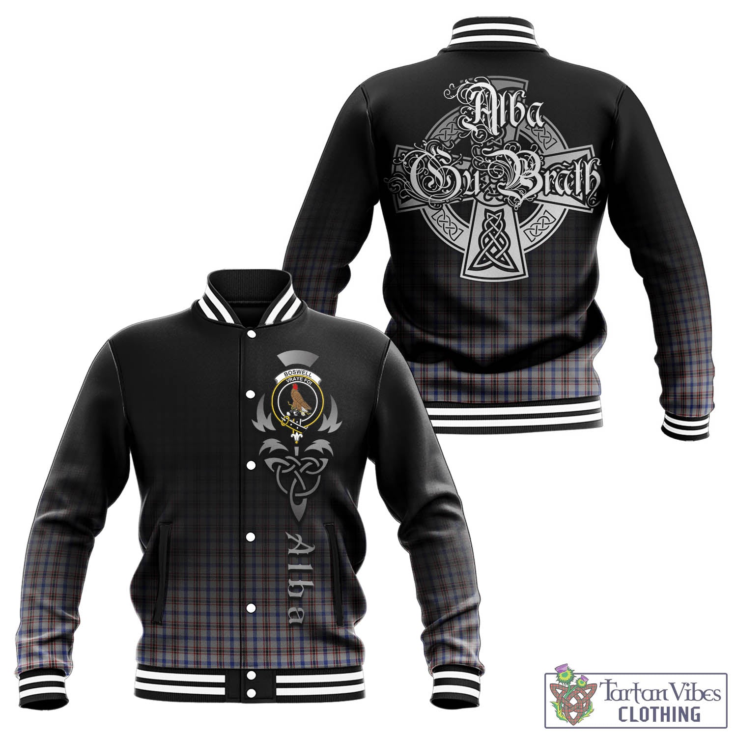 Tartan Vibes Clothing Boswell Tartan Baseball Jacket Featuring Alba Gu Brath Family Crest Celtic Inspired