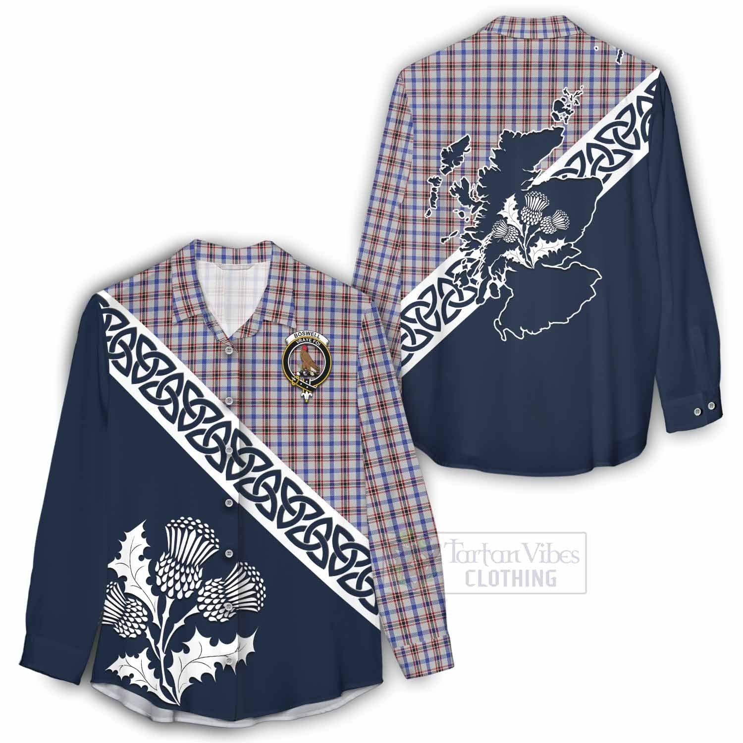 Boswell Tartan Women's Casual Shirt Featuring Thistle and Scotland Map - Tartan Vibes Clothing