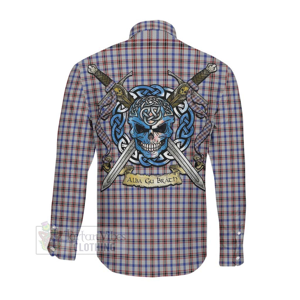 Boswell Tartan Long Sleeve Button Shirt with Family Crest Celtic Skull Style Men's Shirt - Tartan Vibes Clothing