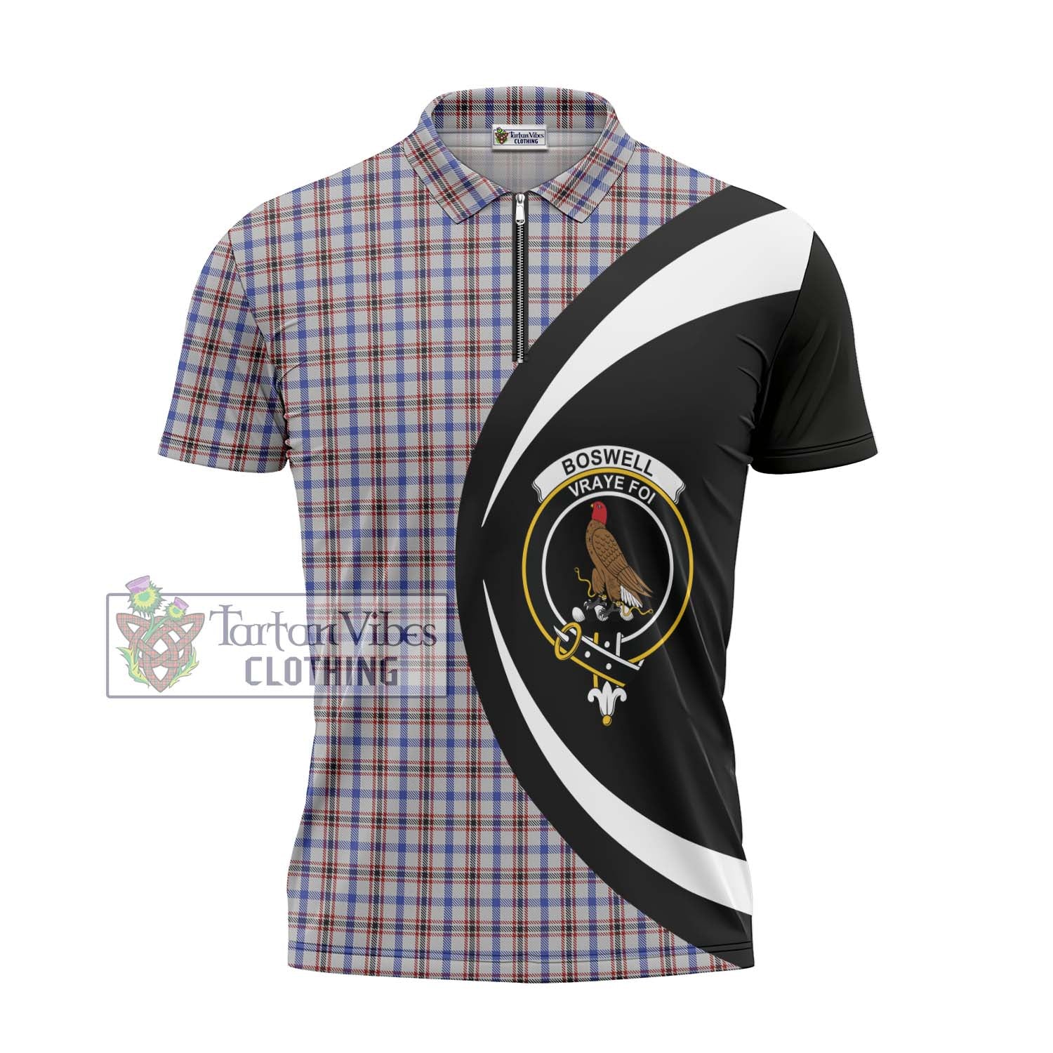 Boswell Tartan Zipper Polo Shirt with Family Crest Circle Style - Tartan Vibes Clothing